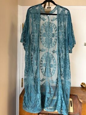 Boho Teal Lace Duster Kimono Sheer Floral Embroidered Cover Up OS